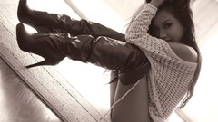 Woman monochrome long hair boots brunettes