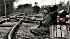 Woman monochrome railroad tracks selective coloring
