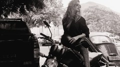 Woman monochrome sunglasses models motorbikes greyscale