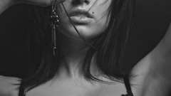 Woman monochrome tattoos long hair bra black hair Lauren 