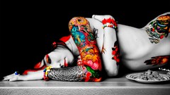Woman monochrome tattoos lying down Shrooms