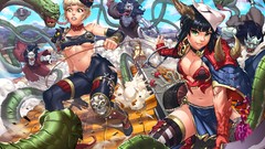 Woman Monsters horns masks green eyes cleavage battles artwork 