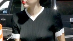 Woman morning miley cyrus singers standing nipples through 