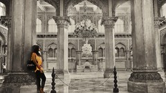Woman Museum palace India indoors grayscale