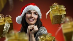 Woman new year Christmas Gifts santa claus smiling brown eyes 