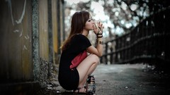 Woman outdoors asians brunettes models