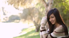 Woman outdoors asians smiling brunettes piercings blurred 