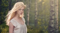 Woman outdoors blondes blue eyes white dress forests elle 