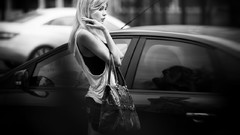 Woman outdoors blondes grayscale