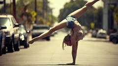 Woman outdoors blondes streets flexible Gymnast spread legs