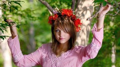 Woman outdoors blue eyes brunettes flower in hair Pink Dress