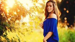 Woman outdoors brunettes blue dress