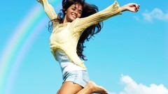 Woman outdoors brunettes denim shorts