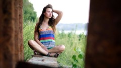 Woman outdoors brunettes hands on head