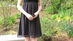 Woman outdoors brunettes models black dress standing