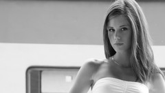 Woman outdoors brunettes white dress grayscale Little Caprice