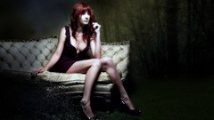 Woman outdoors couch susan coffey redheads cleavage no bra high 