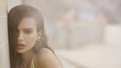 Woman outdoors long hair brunettes models open mouth swimsuits 