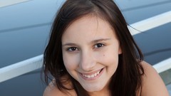 Woman outdoors smiling brown eyes brunettes models Femjoy 