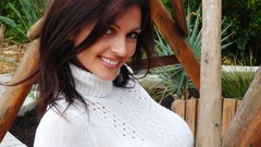 Woman outdoors smiling brunettes denise milani sweaters