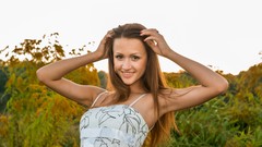 Woman outdoors smiling brunettes girls in nature Femjoy 