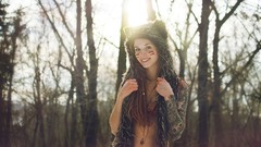 Woman outdoors smiling brunettes models
