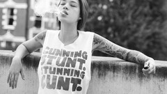 Woman outdoors tattoos brunettes grayscale