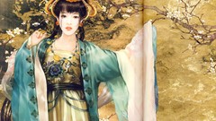 Woman paintings asians long hair brunettes black hair artwork