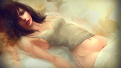 Woman paintings beds brown eyes brunettes bra artwork