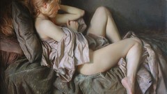 Woman paintings beds legs blondes artwork