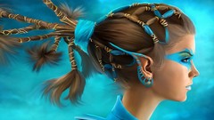 Woman paintings blue background faces artwork fantasy art