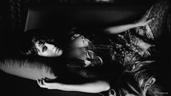 Woman pantyhose cleavage grayscale