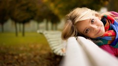 Woman Park bench happy outdoors blondes smiling depth of field