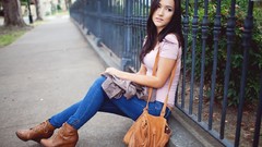 Woman Park jeans fences asians boots brown eyes brunettes 