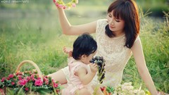 Woman picnic babies asians mother artwork