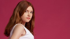 Woman pink background white dress models redheads Met-Art 