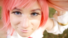 Woman pink blue eyes