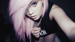Woman pink hair blue eyes