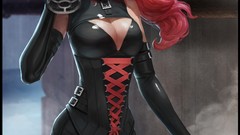 Woman pink hair blue eyes cleavage Grenades gas masks artwork 