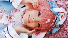 Woman pink hair flower petals touhou saigyouji yuyuko cosplay 