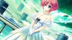 Woman pink hair white dress