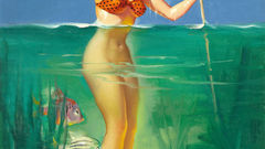 Woman pinups scuba diving retro art