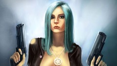 Woman pistols green hair cleavage artwork Simple Background no 