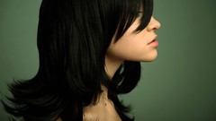 Woman Profile faces long hair brunettes Simple Background