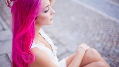 Woman Profile sitting pavement pink hair long hair