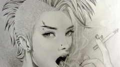 Woman punk Cigarettes monochrome drawings smoking mohawk 