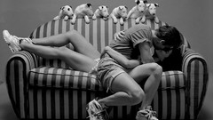 Woman Puppies couple couch kissing grayscale