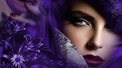 Woman purple flowers red lipstick