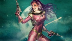 Woman purple hair outer space video games cgi