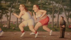 Woman racing giant woman